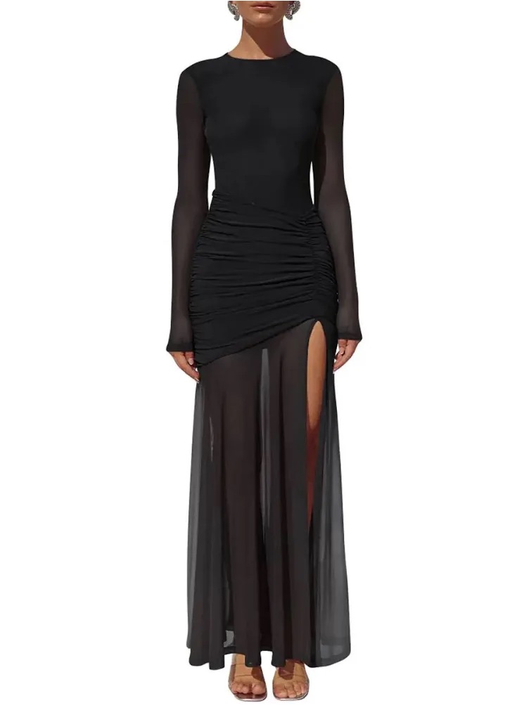 Black Long-Sleeve Ruched Maxi Dress With High Side Slit
